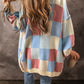 Ladies Light Blue Checkered Drop Shoulder Exposed Seam Open Front Cardigan
