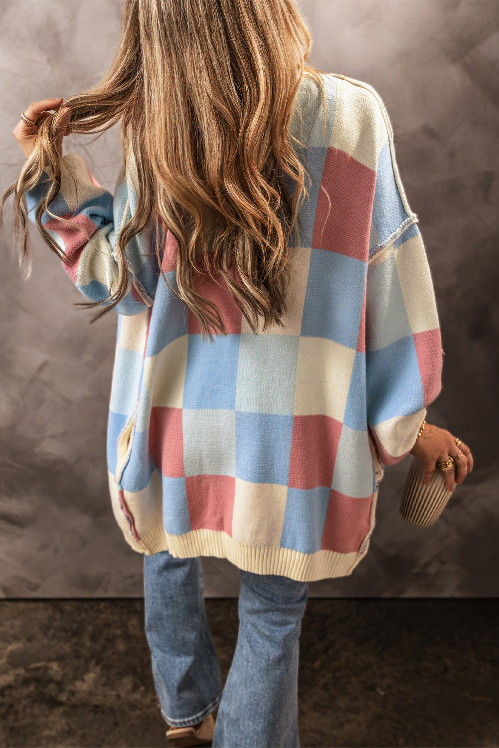 Ladies Light Blue Checkered Drop Shoulder Exposed Seam Open Front Cardigan
