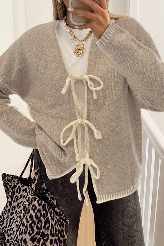 Ladies Pale Khaki Tied Front Drop Shoulder Chunky Casual Cardigan