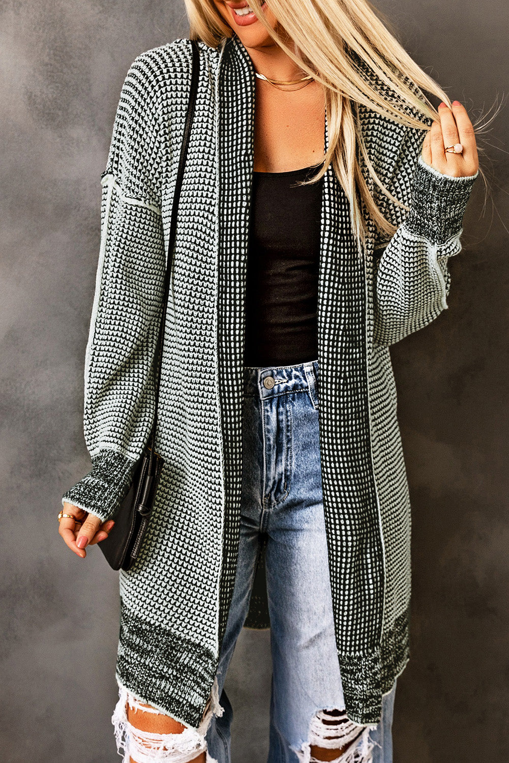 Ladies Gray Plaid Knitted Long Open Front Cardigan