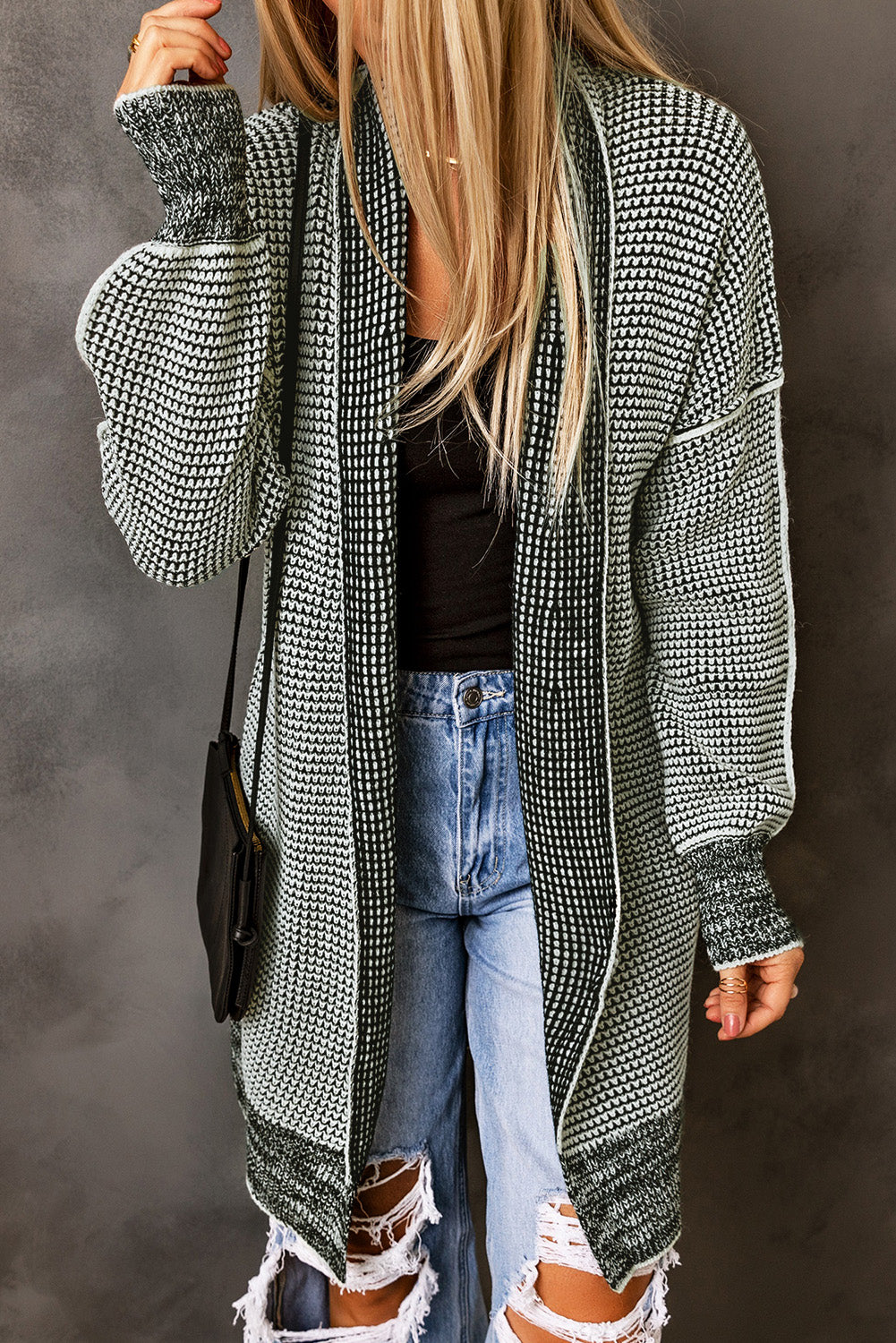 Ladies Gray Plaid Knitted Long Open Front Cardigan