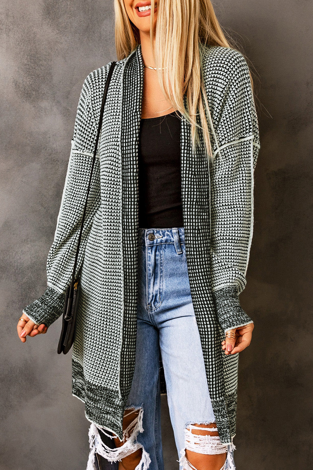 Ladies Gray Plaid Knitted Long Open Front Cardigan