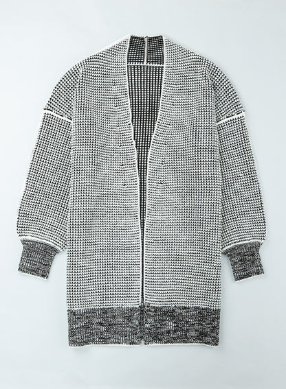 Ladies Gray Plaid Knitted Long Open Front Cardigan