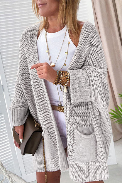 Ladies Khaki Oversized Fold Over Sleeve Open Front Cardigan