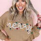 Ladies Smoke Gray Merry Colorful Dot Detail Christmas Dolman Sweater