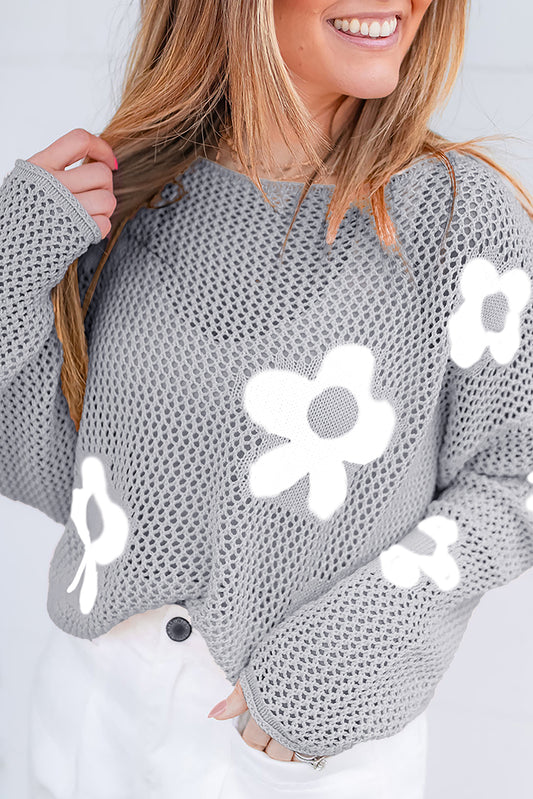 Ladies Light Grey Big Flower Hollowed Knit Drop Shoulder Sweater