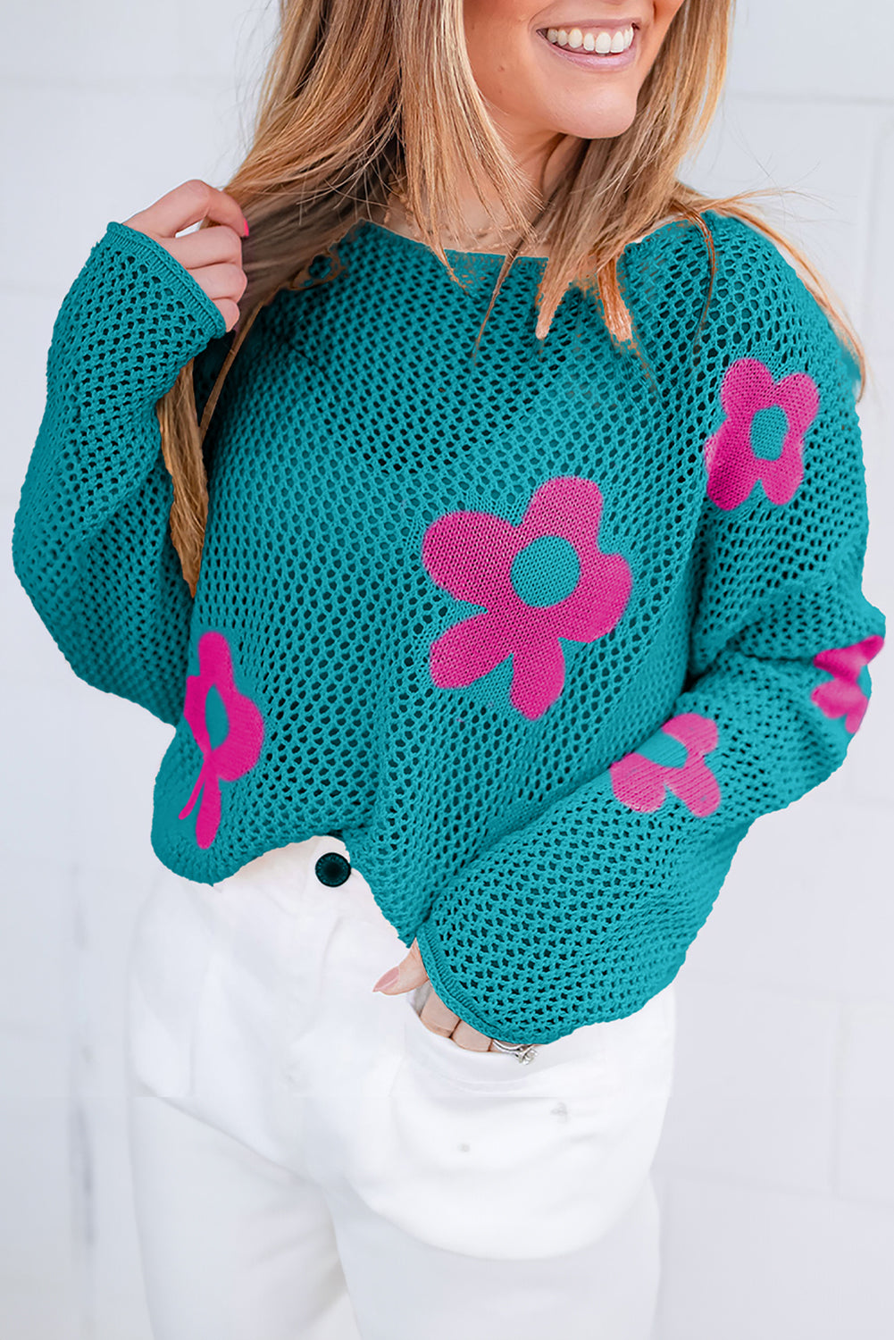 Ladies Sea Green Big Flower Hollowed Knit Drop Shoulder Sweater