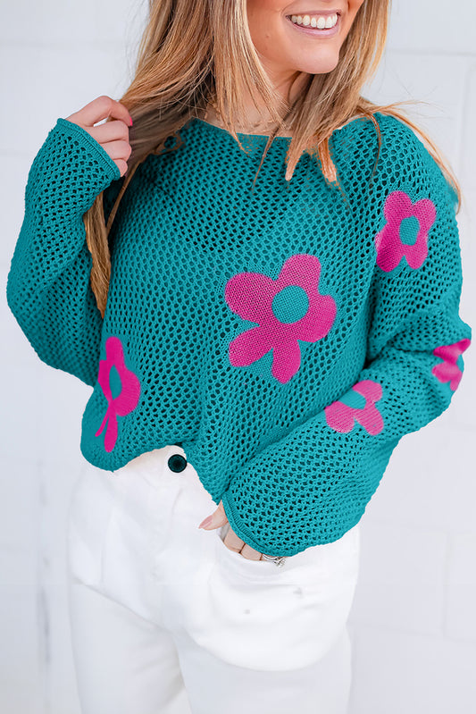 Ladies Sea Green Big Flower Hollowed Knit Drop Shoulder Sweater