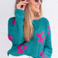 Ladies Sea Green Big Flower Hollowed Knit Drop Shoulder Sweater