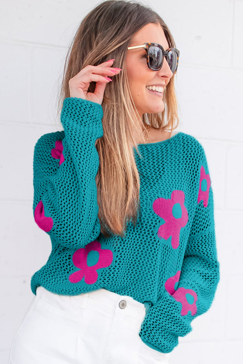 Ladies Sea Green Big Flower Hollowed Knit Drop Shoulder Sweater