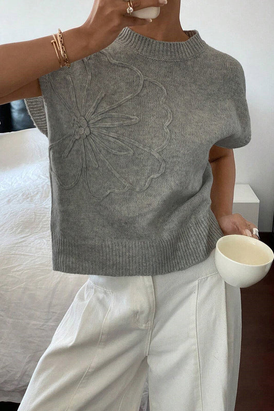 Ladies High Flower Pattern Ribbed Trim Short Sleeve Boxy Sweater