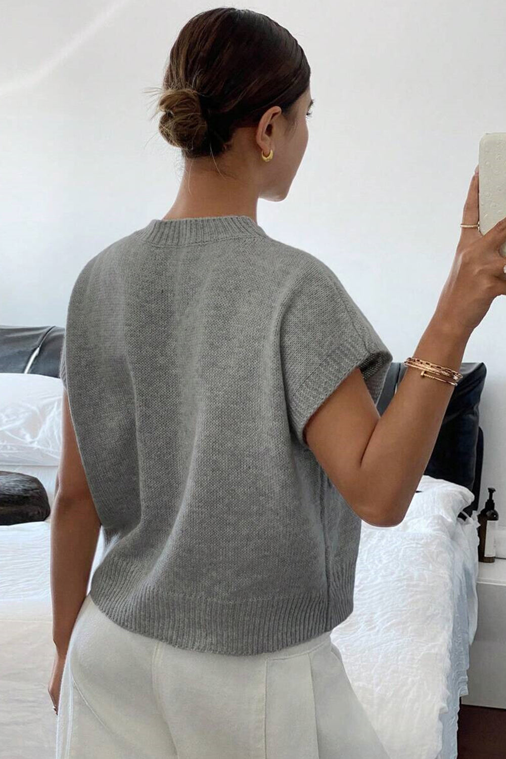 Ladies High Flower Pattern Ribbed Trim Short Sleeve Boxy Sweater