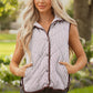 Brown Stripe Contrast Trim Snap Button Collared Winter Vest
