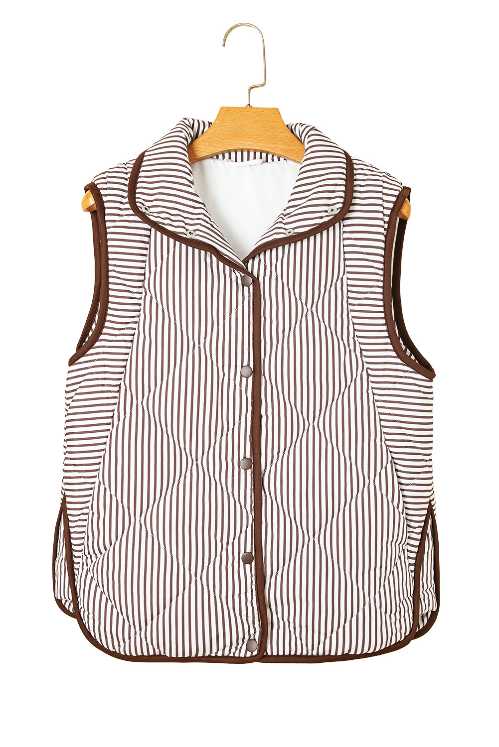 Brown Stripe Contrast Trim Snap Button Collared Winter Vest