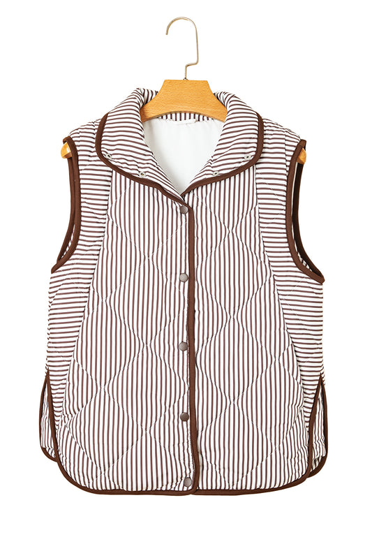 Brown Stripe Contrast Trim Snap Button Collared Winter Vest