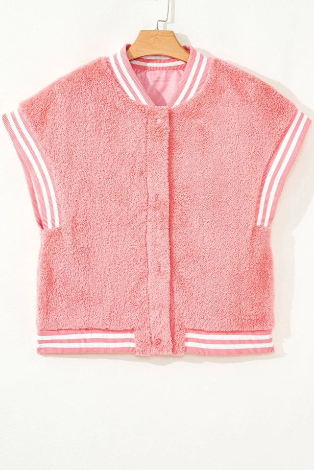 Ladies Gossamer Pink Varsity Striped Plush Vest