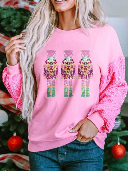 Ladies Christmas Nutcracker Graphic Sequin Sleeve Sweatshirt by Little Daisy Closet-Pink