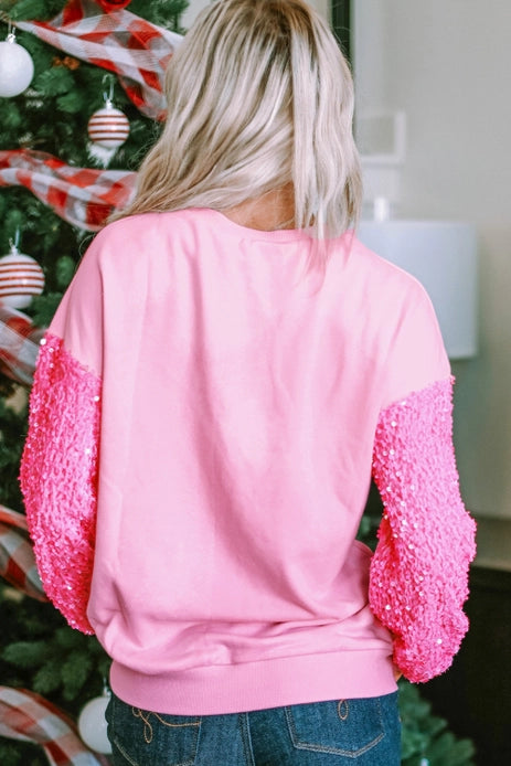 Ladies Christmas Nutcracker Graphic Sequin Sleeve Sweatshirt by Little Daisy Closet-Pink