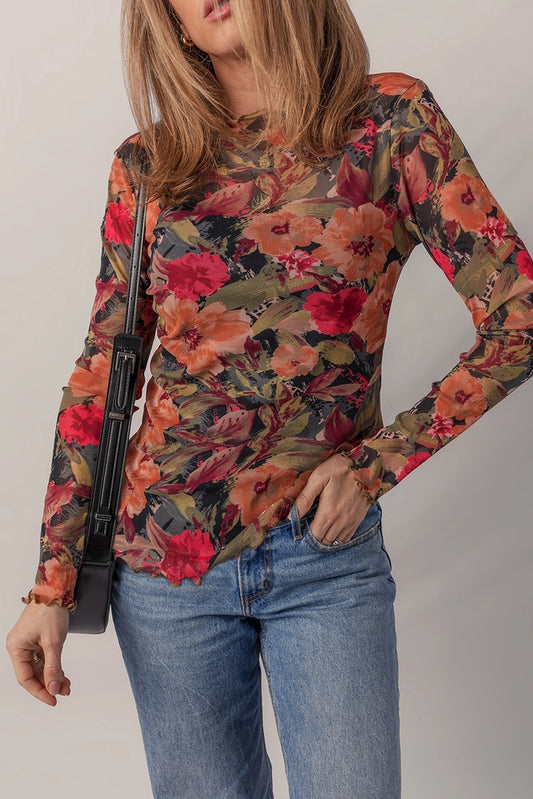 Ladies LDC Floral Print Lettuce Trim Long Sleeve Mesh Top