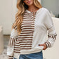 Ladies Stripe Stitched Detail Patchwork Oversized Pullover Top-Khaki