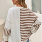 Ladies Stripe Stitched Detail Patchwork Oversized Pullover Top-Khaki