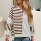 Ladies Stripe Stitched Detail Patchwork Oversized Pullover Top-Khaki