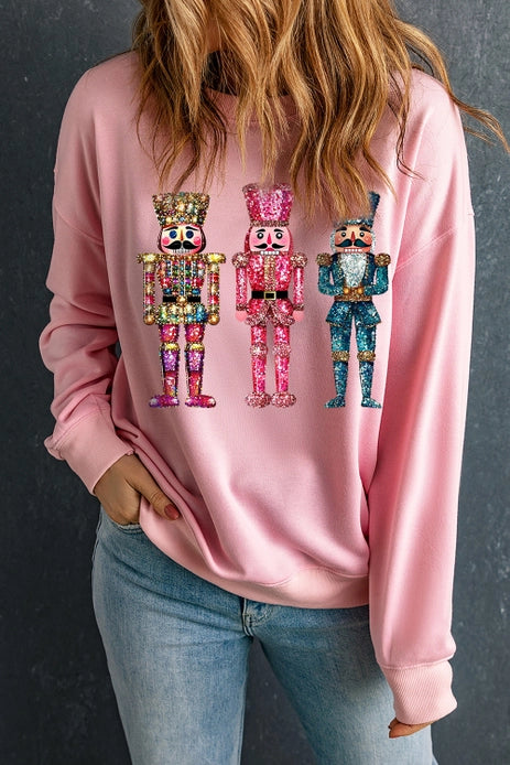 Ladies Printed Nutcracker Graphic Christmas Pullover Sweatshirt by Little Daisy Closet-Pink