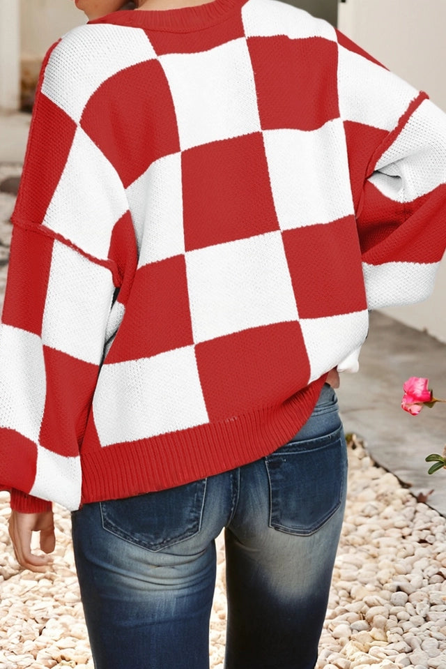 Ladies LDC Checkered Bishop Sleeve Sweater-Red