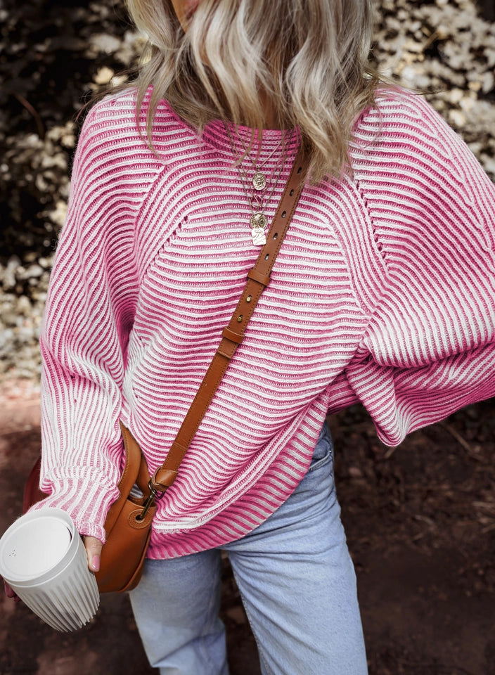 Ladies LDC Striped Print Ribbed Knit Boat Neck Baggy Sweater-Bonbon