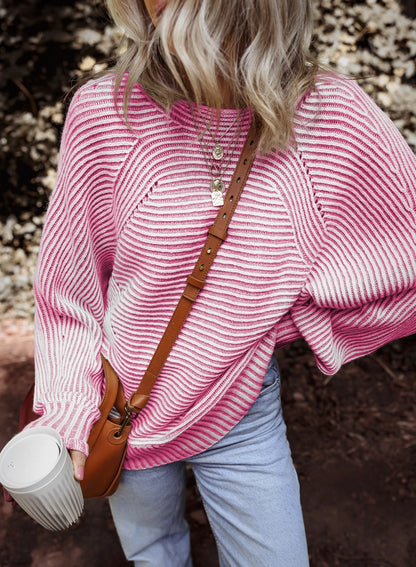 Ladies LDC Striped Print Ribbed Knit Boat Neck Baggy Sweater-Bonbon