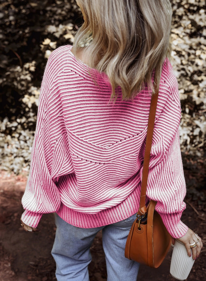 Ladies LDC Striped Print Ribbed Knit Boat Neck Baggy Sweater-Bonbon