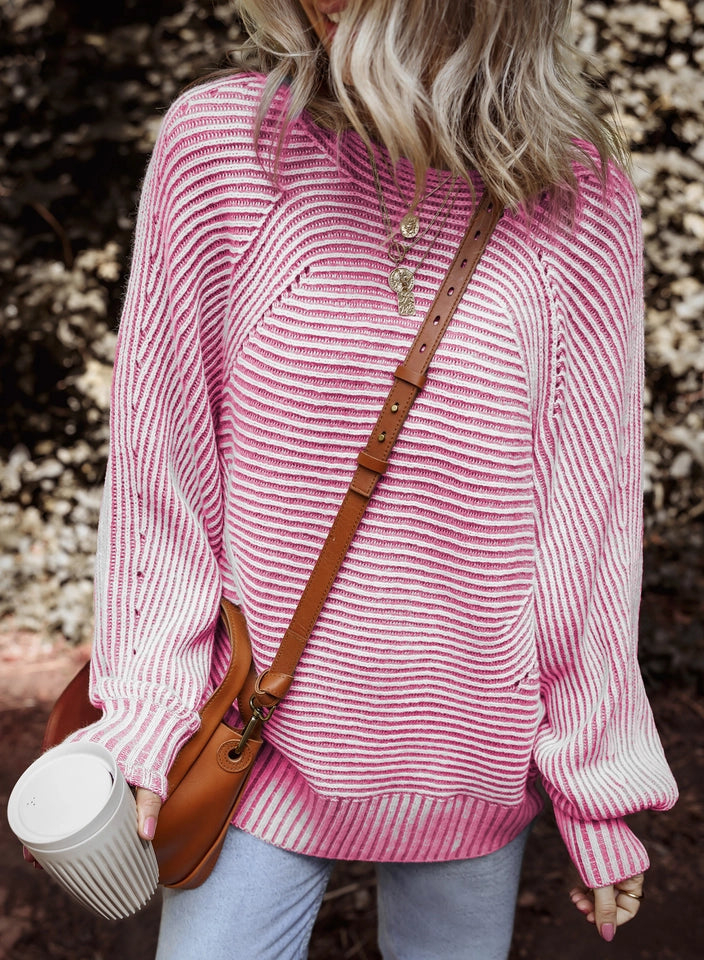 Ladies LDC Striped Print Ribbed Knit Boat Neck Baggy Sweater-Bonbon