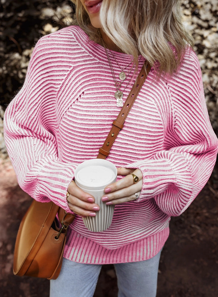 Ladies LDC Striped Print Ribbed Knit Boat Neck Baggy Sweater-Bonbon