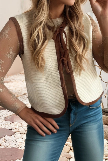 Ladies LDC Horizontal Ribbed Knit Contrast Trim Ties Front Sweater