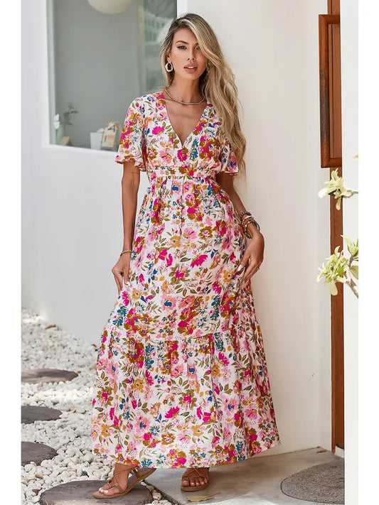 Ladies LDC Floral Short Sleeve V Neck High Waist Maxi Dress-Red