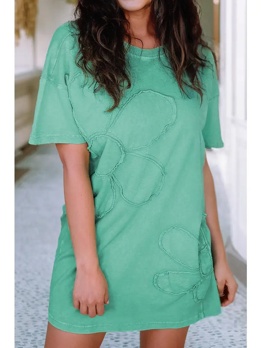 Ladies LDC Mineral Wash Flower Patchwork Mini T Shirt Dress-Mint Green