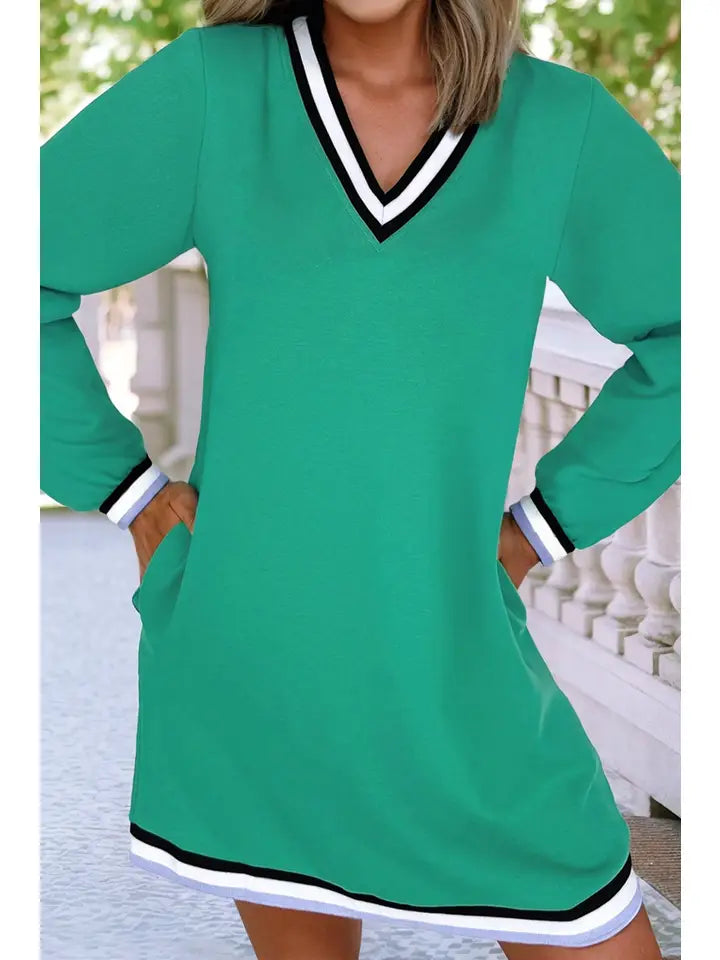 Ladies LDC Varsity Contrast Striped V Neck T Shirt Dress-Mint Green