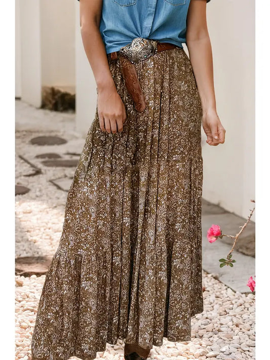 Ladies LDC Western Floral Print Ruffled Hem High Waist Maxi Skirt-Brown
