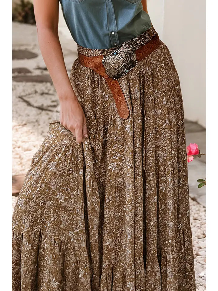 Ladies LDC Western Floral Print Ruffled Hem High Waist Maxi Skirt-Brown