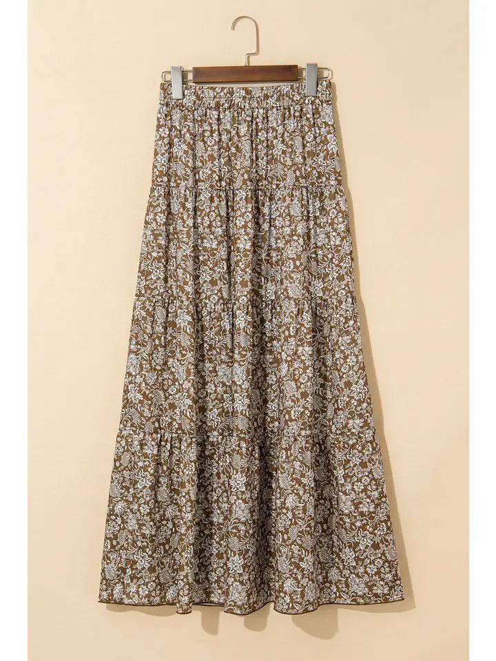 Ladies LDC Western Floral Print Ruffled Hem High Waist Maxi Skirt-Brown