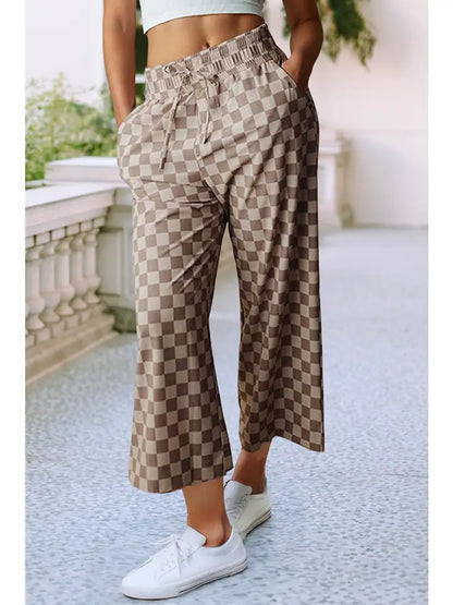 Ladies LDC Tie Elastic Waist Checkered Loose Pants-Khaki