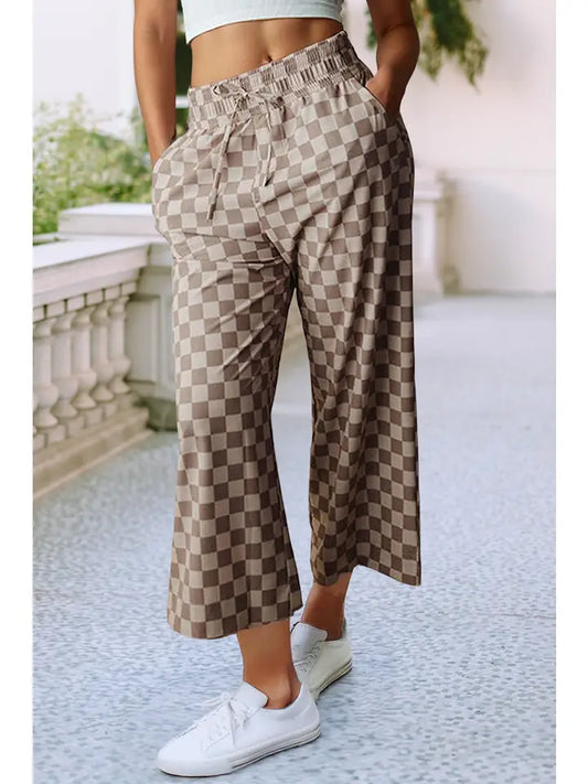 Ladies LDC Tie Elastic Waist Checkered Loose Pants-Khaki