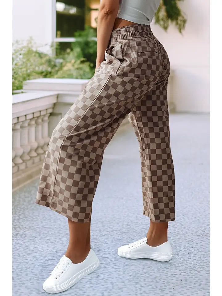 Ladies LDC Tie Elastic Waist Checkered Loose Pants-Khaki