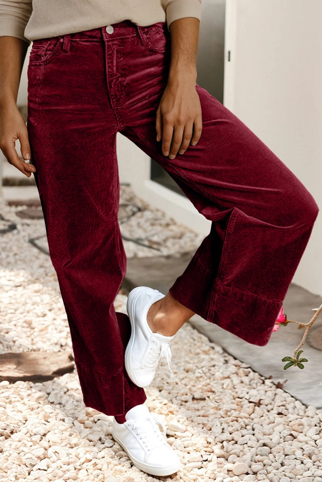 Ladies Solid Color High Waist Corduroy Wide Leg Pants-Burgundy