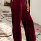 Ladies Solid Color High Waist Corduroy Wide Leg Pants-Burgundy