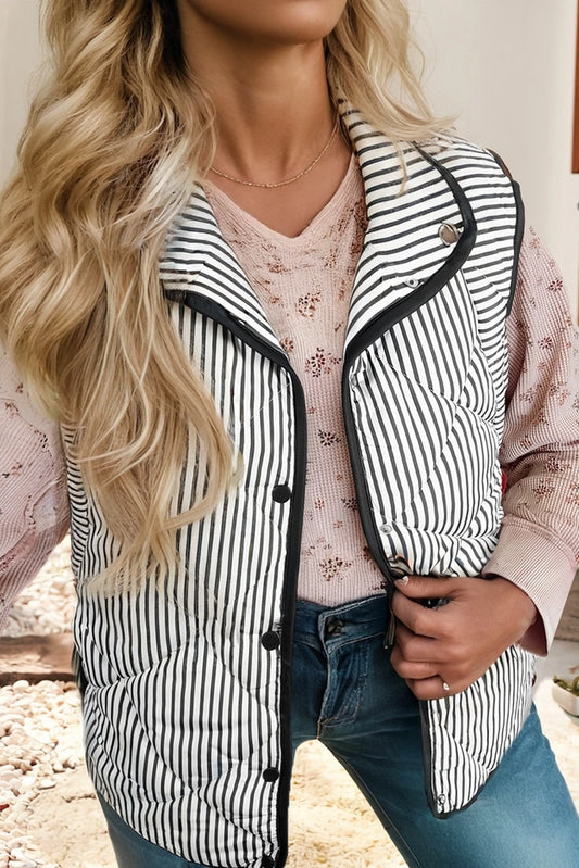 Ladies LDC Stripe Contrast Trim Button Collared Vest-Black