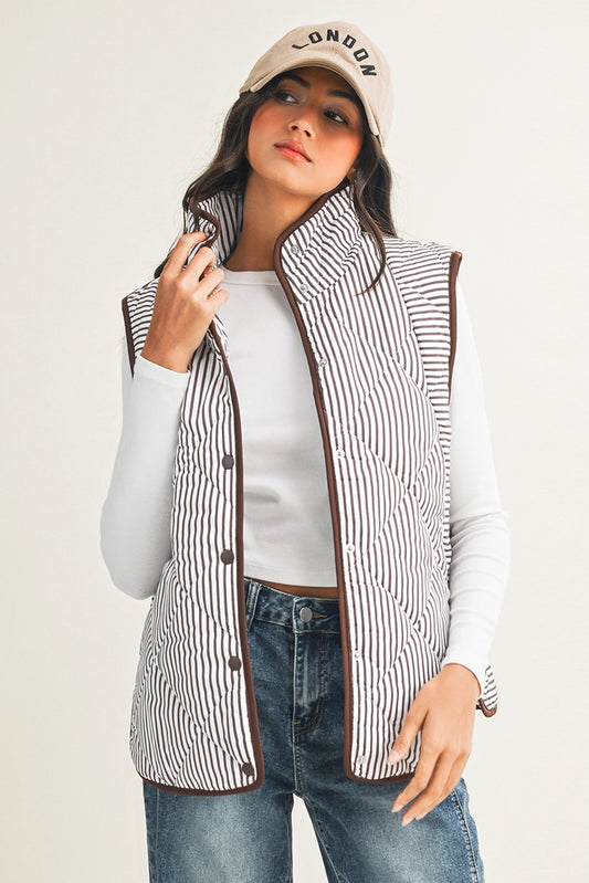Ladies LDC Stripe Contrast Trim Button Collared Vest-Brown