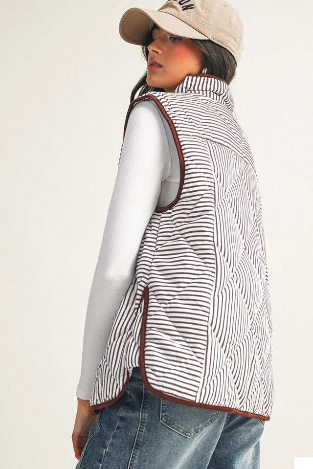 Ladies LDC Stripe Contrast Trim Button Collared Vest-Brown