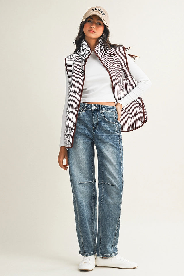 Ladies LDC Stripe Contrast Trim Button Collared Vest-Brown