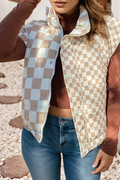 Ladies LDC Sleeveless Plaid Stand Neck Vest-Khaki